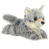 A grey wolf plush from the Mini Flopsie collection by Aurora stuffed animals with amber eyes and soft fur.